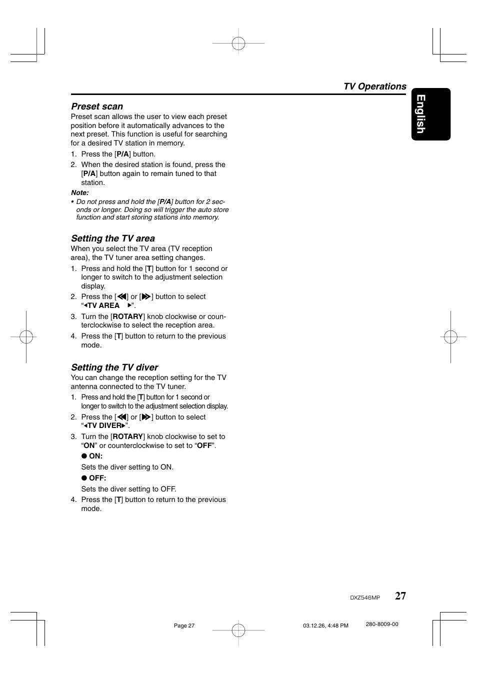 27 english, Tv operations preset scan, Setting the tv area | Setting the tv diver | Clarion DXZ546MP User Manual | Page 23 / 26