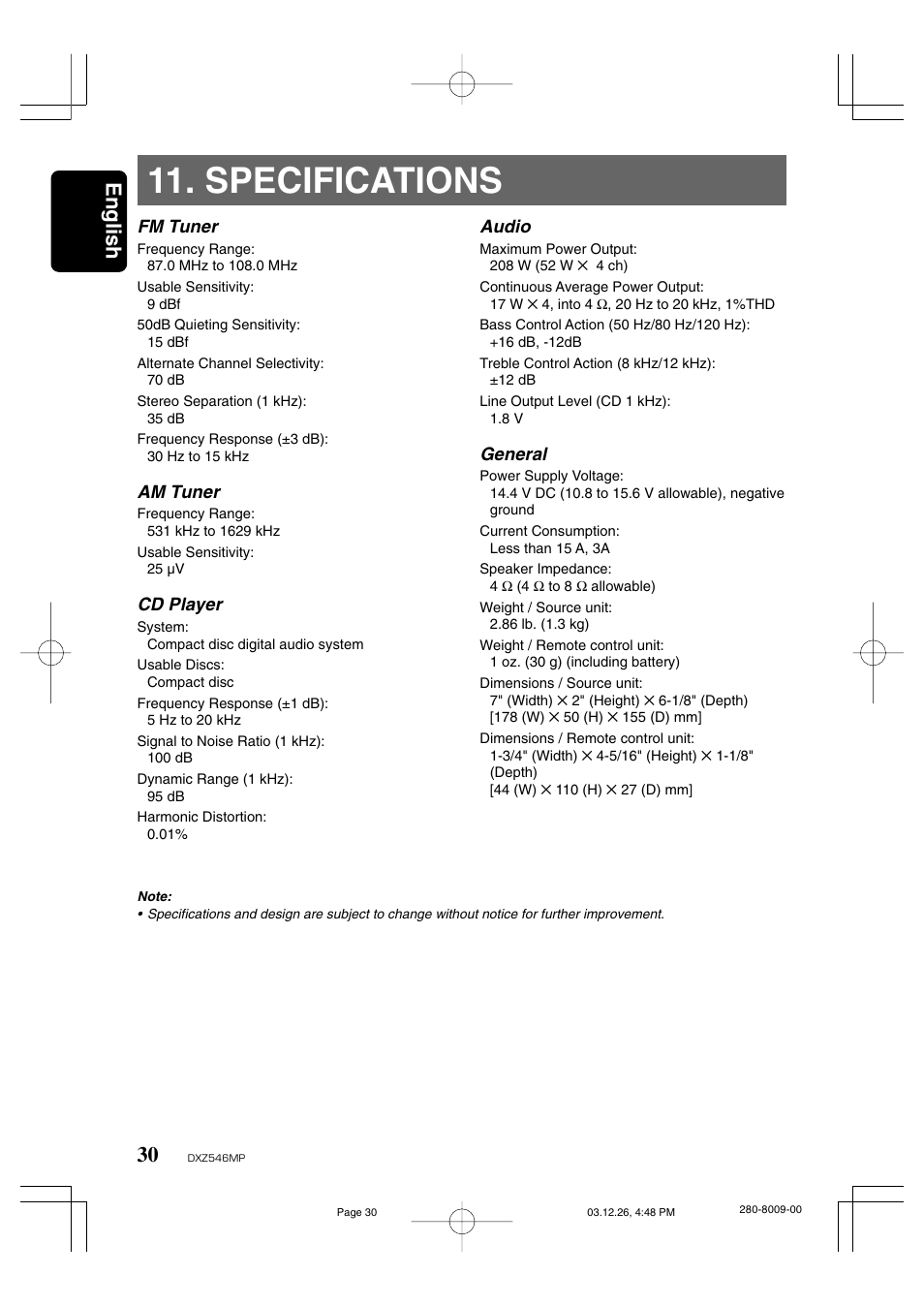 Specifications, English | Clarion DXZ546MP User Manual | Page 26 / 26