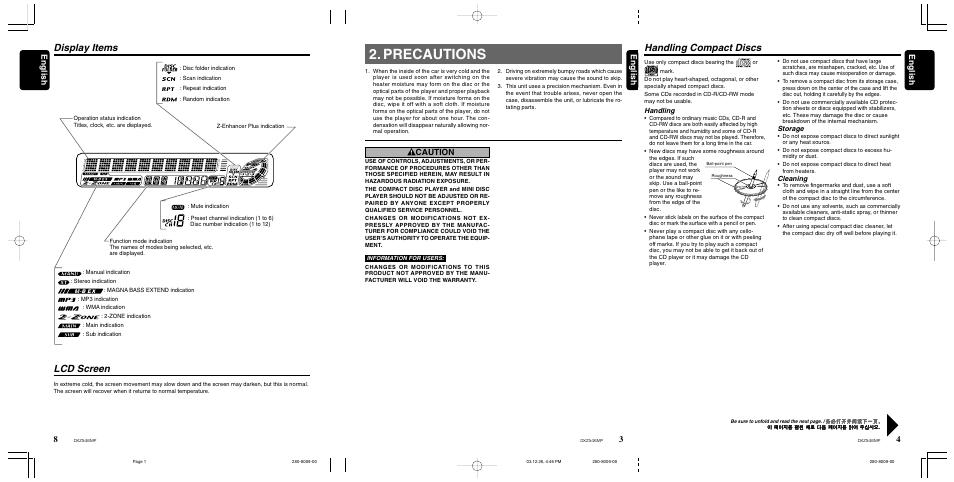 Precautions, Handling compact discs, Display items | Lcd screen, 4english english english, Caution, Handling, Storage, Cleaning | Clarion DXZ546MP User Manual | Page 3 / 26