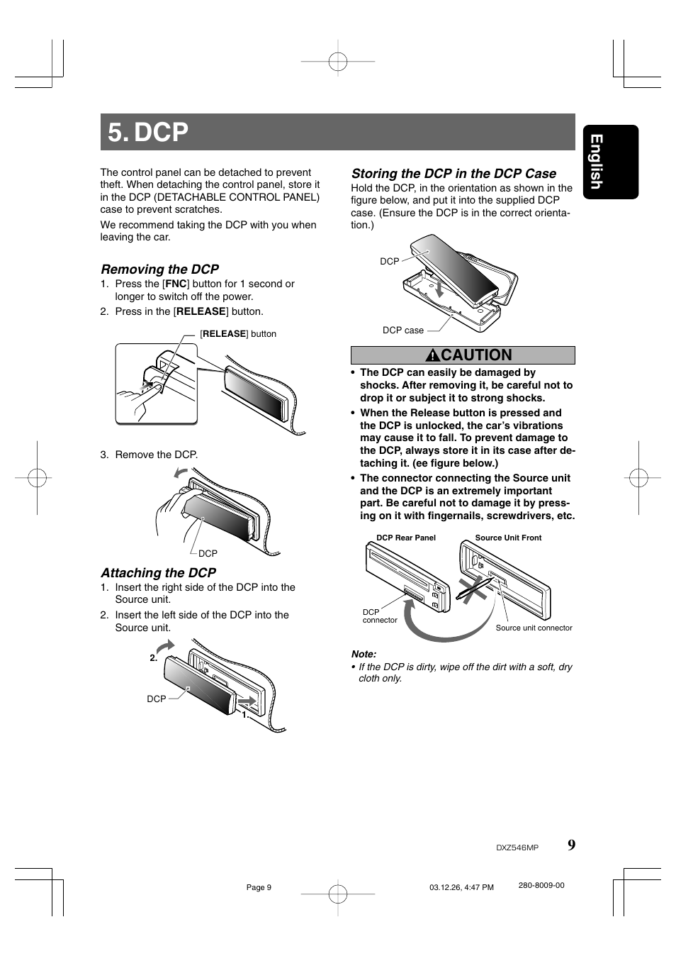 9english, Caution, Removing the dcp | Attaching the dcp, Storing the dcp in the dcp case | Clarion DXZ546MP User Manual | Page 5 / 26