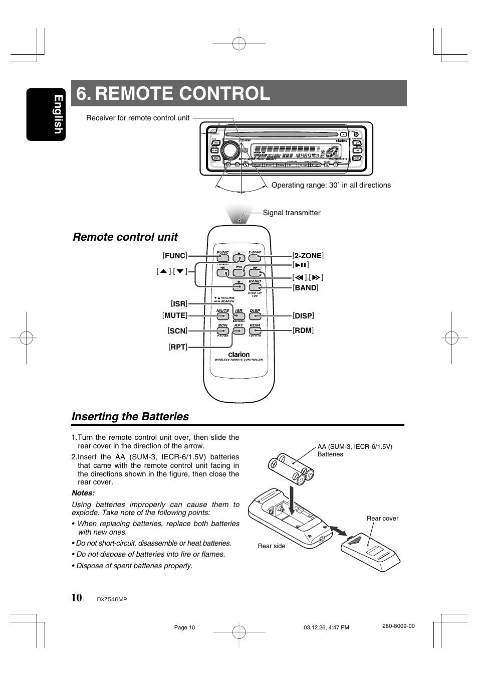 Remote control, Inserting the batteries, English | Remote control unit inserting the batteries | Clarion DXZ546MP User Manual | Page 6 / 26