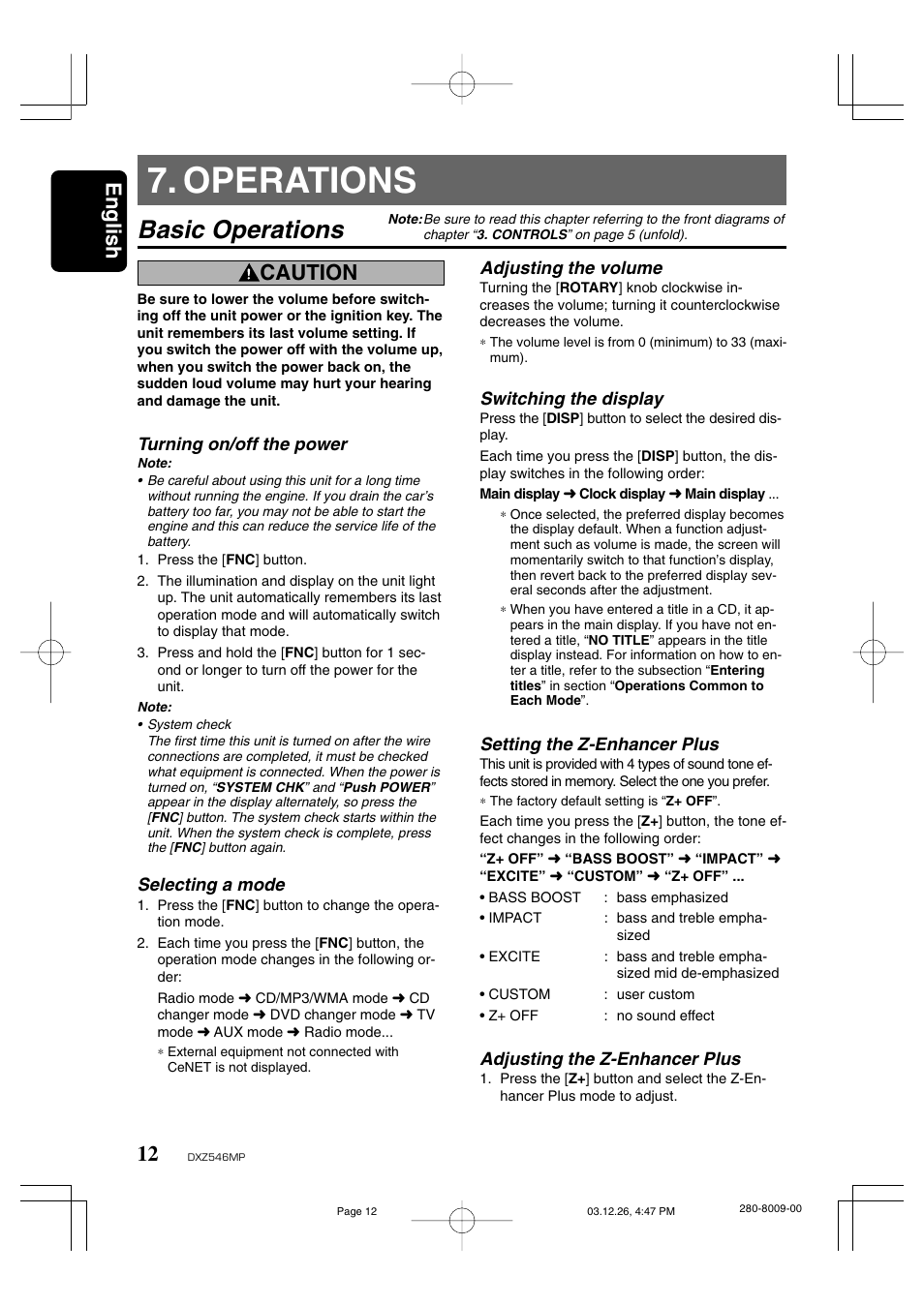 Operations, Basic operations, English | Caution | Clarion DXZ546MP User Manual | Page 8 / 26