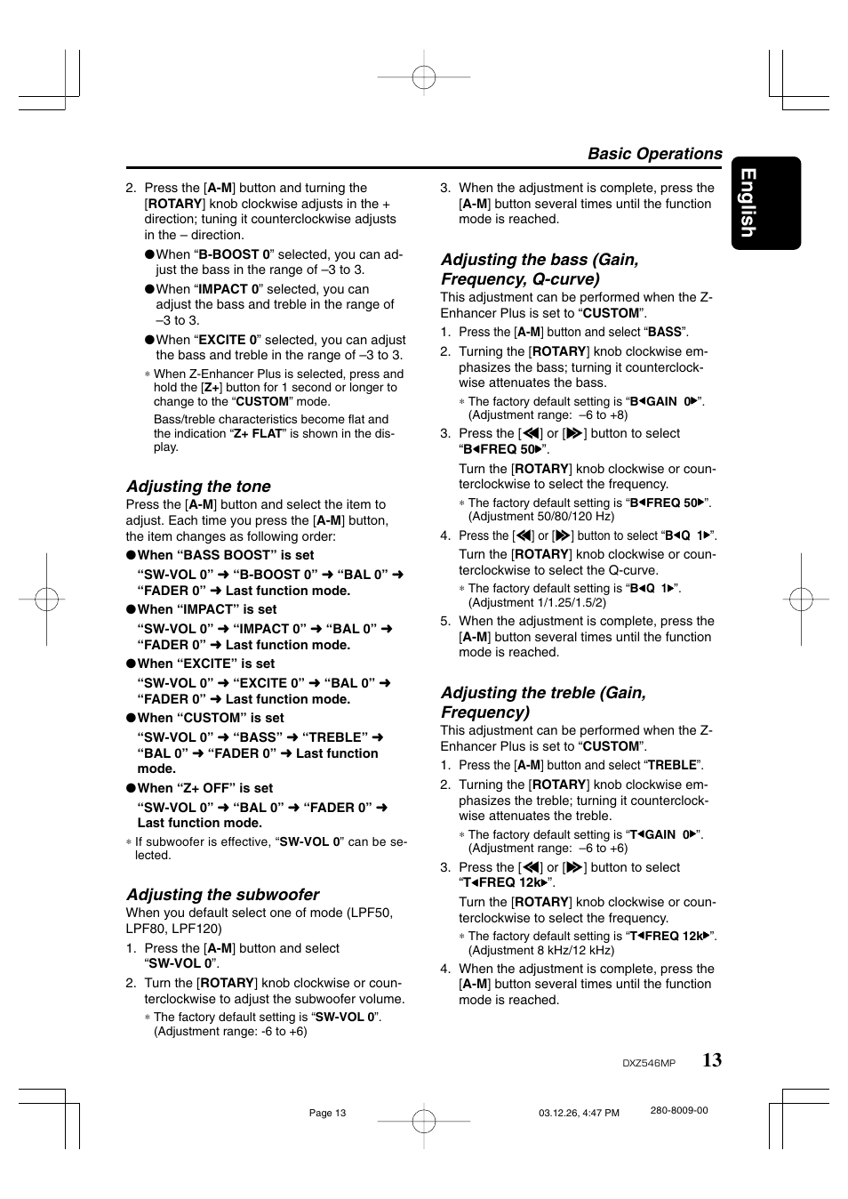 13 english, Adjusting the tone, Adjusting the subwoofer | Adjusting the bass (gain, frequency, q-curve), Adjusting the treble (gain, frequency), Basic operations | Clarion DXZ546MP User Manual | Page 9 / 26