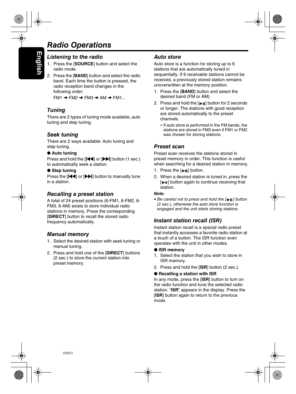 Radio operations, English 12 | Clarion CX501 User Manual | Page 12 / 37