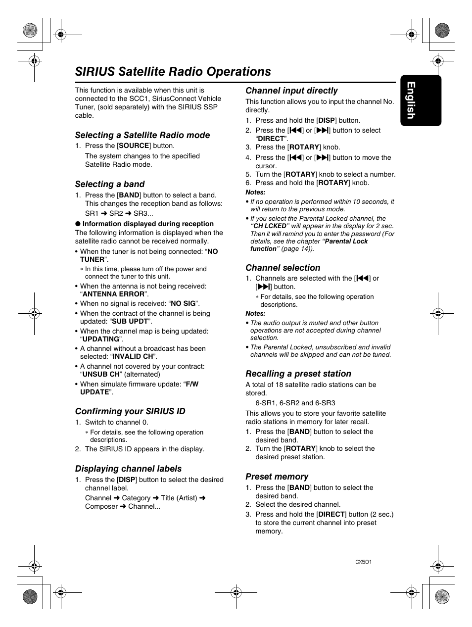 Sirius satellite radio operations, English 13 | Clarion CX501 User Manual | Page 13 / 37