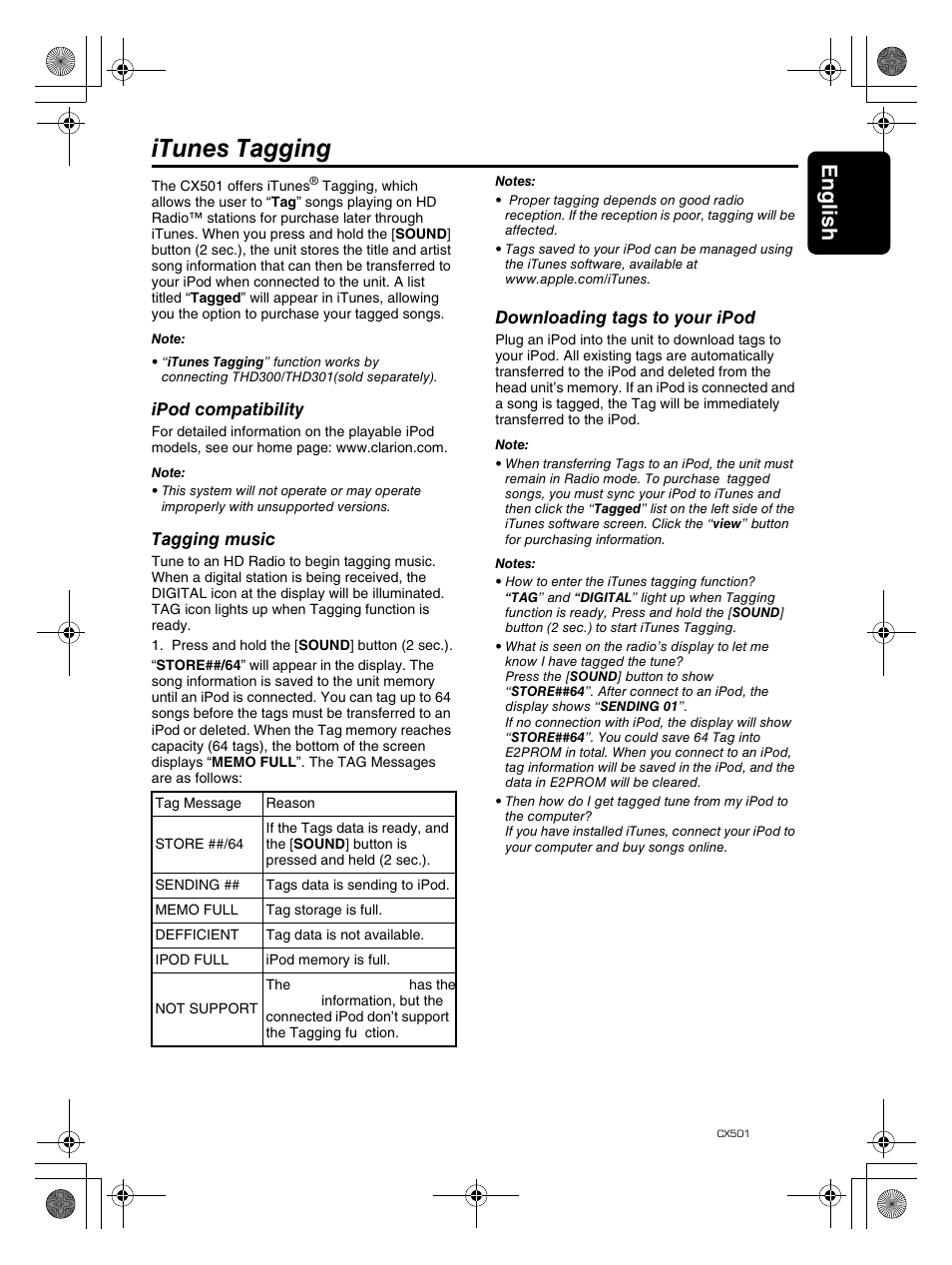 Itunes tagging, English 17 | Clarion CX501 User Manual | Page 17 / 37