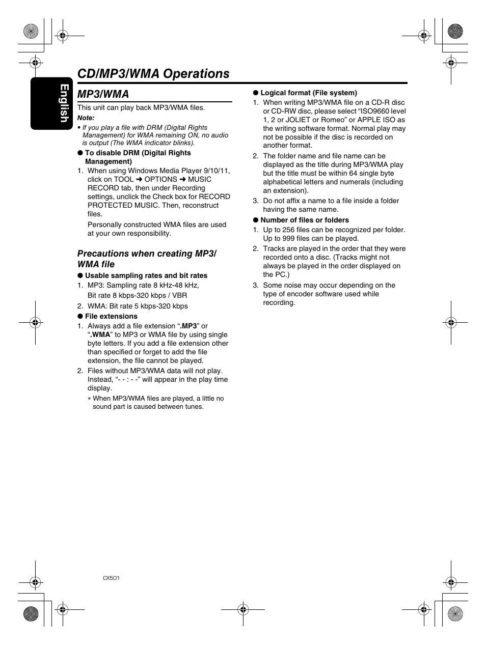 Cd/mp3/wma operations, English 18, Mp3/wma | Clarion CX501 User Manual | Page 18 / 37