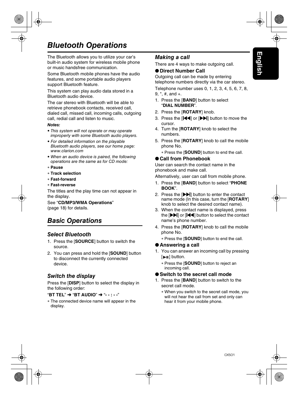 Bluetooth operations, English 21, Basic operations | Clarion CX501 User Manual | Page 21 / 37