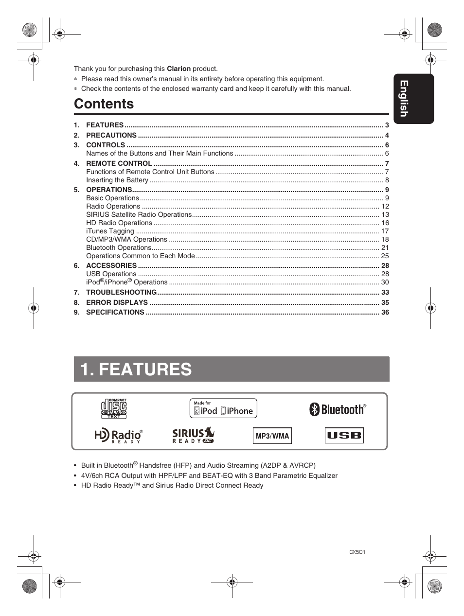 Clarion CX501 User Manual | Page 3 / 37