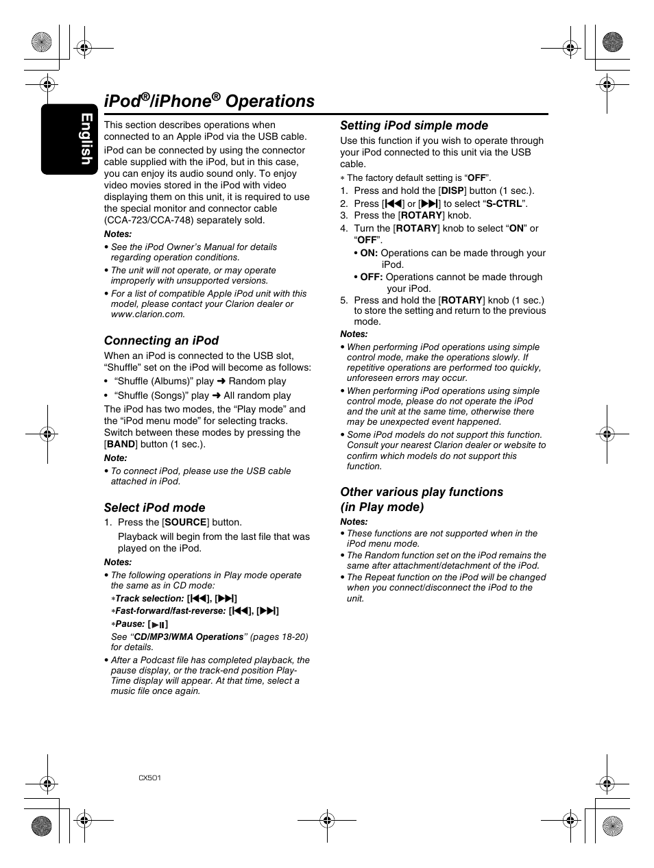 Ipod, Iphone, Operations | English 30 | Clarion CX501 User Manual | Page 30 / 37