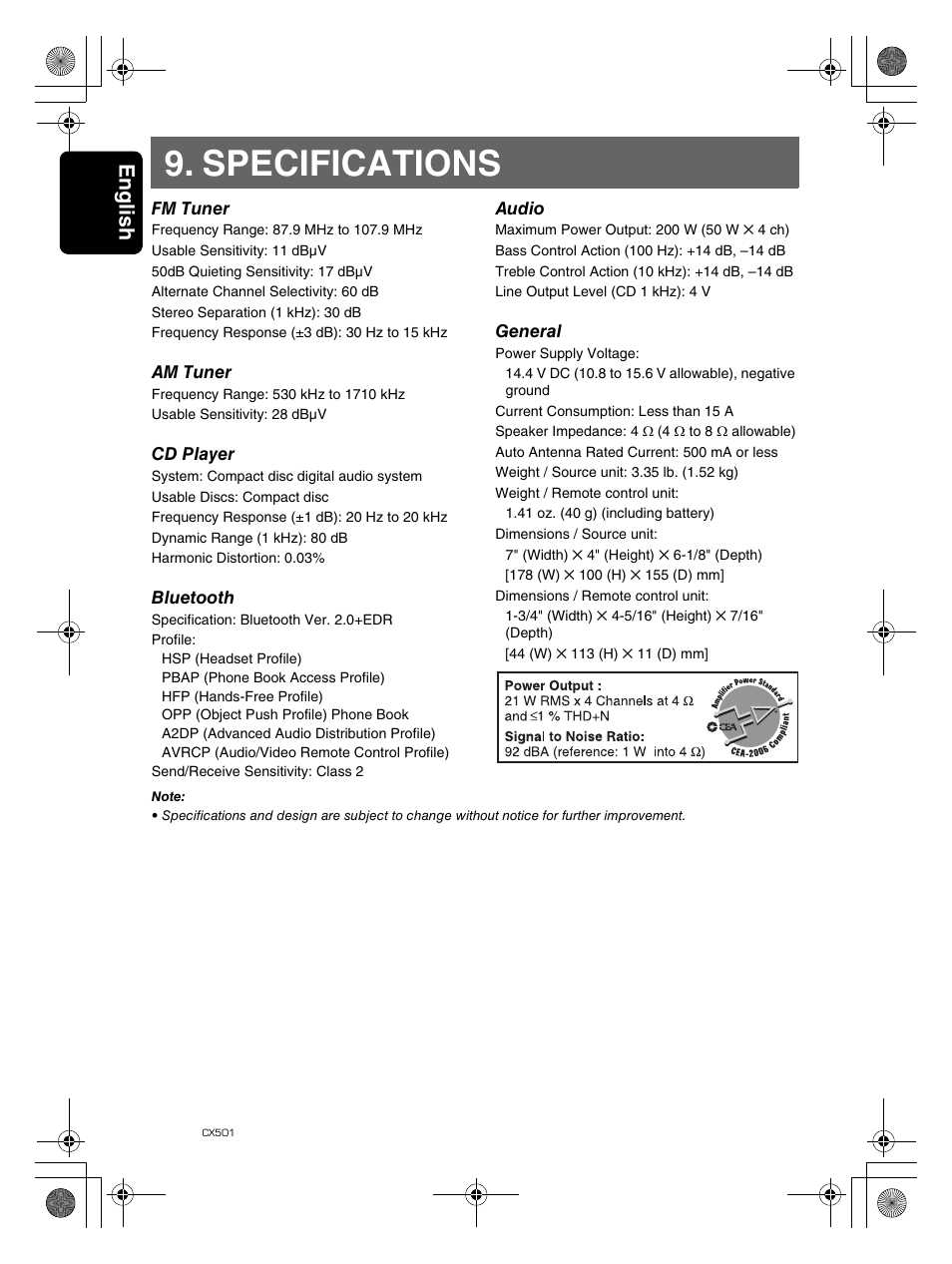 Specifications, English 36 | Clarion CX501 User Manual | Page 36 / 37