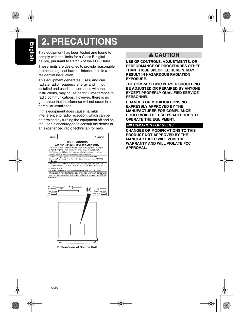 Precautions, English 4, Caution | Clarion CX501 User Manual | Page 4 / 37