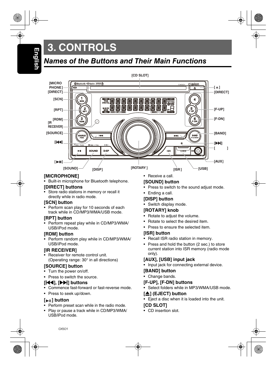 Controls, Names of the buttons and their main functions, English 6 | Clarion CX501 User Manual | Page 6 / 37