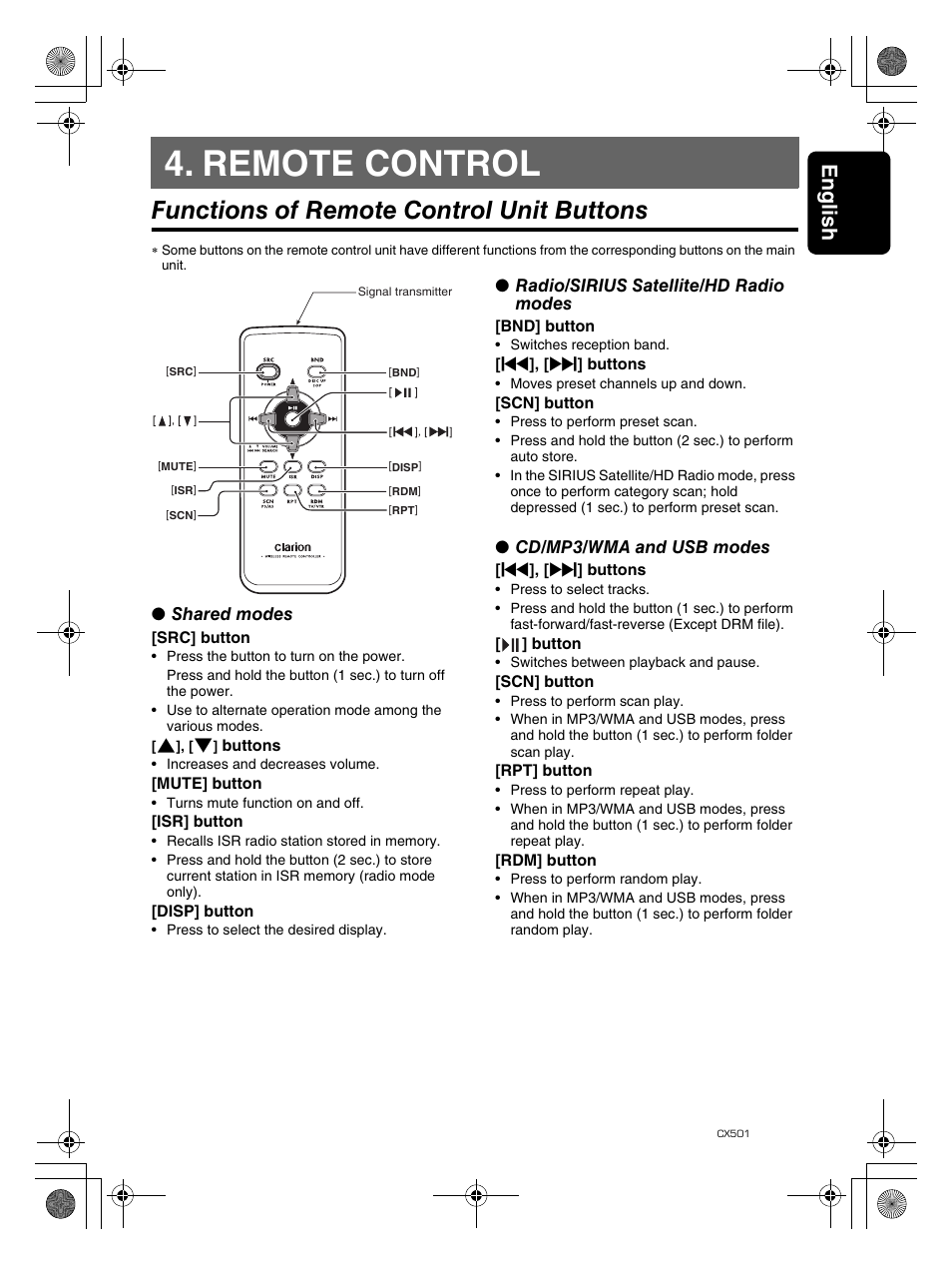 Remote control, Functions of remote control unit buttons, English 7 | Clarion CX501 User Manual | Page 7 / 37