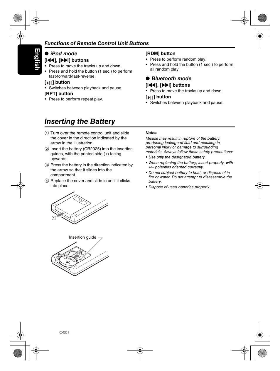 Inserting the battery, English 8 | Clarion CX501 User Manual | Page 8 / 37