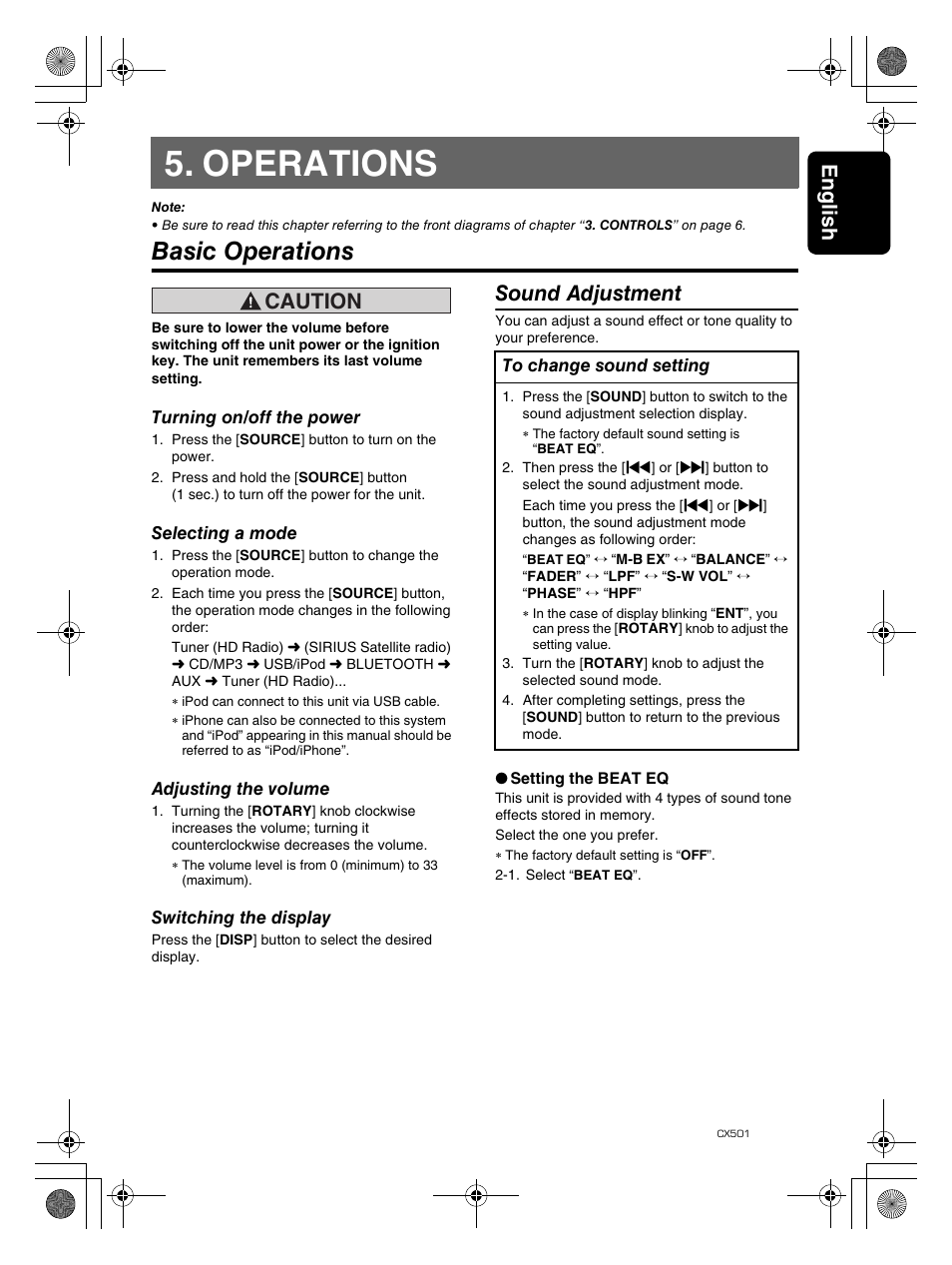 Operations, Basic operations, English 9 | Caution, Sound adjustment | Clarion CX501 User Manual | Page 9 / 37