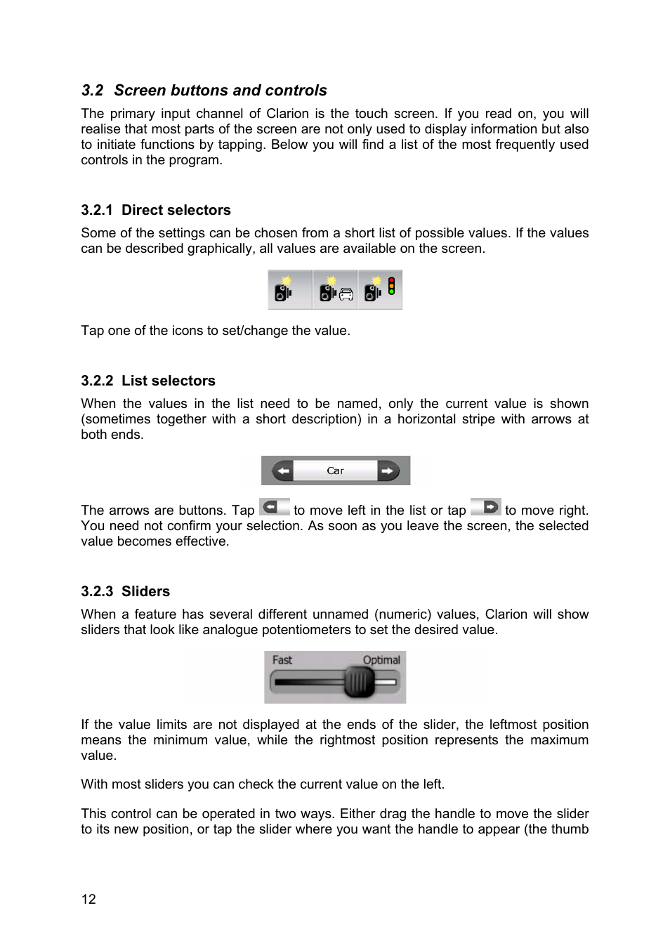 Screen buttons and controls, Direct selectors, List selectors | Sliders | Clarion MAP670 User Manual | Page 12 / 94