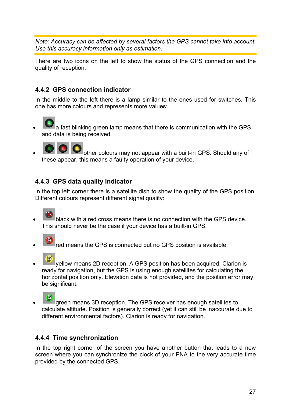 Gps connection indicator, Gps data quality indicator, Time synchronization | Clarion MAP670 User Manual | Page 27 / 94