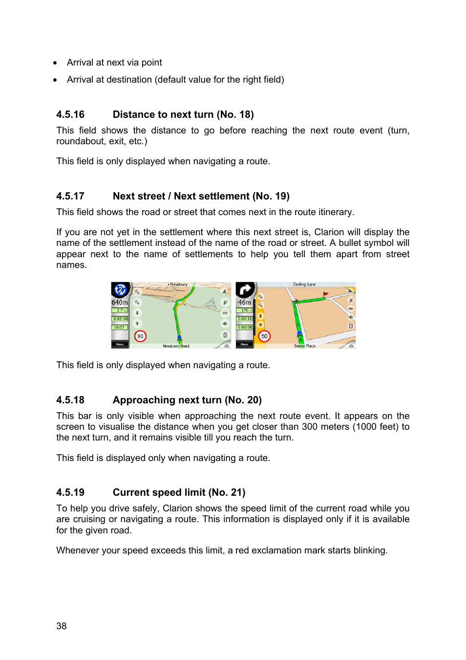 Distance to next turn (no. 18), Next street / next settlement (no. 19), Approaching next turn (no. 20) | Current speed limit (no. 21) | Clarion MAP670 User Manual | Page 38 / 94