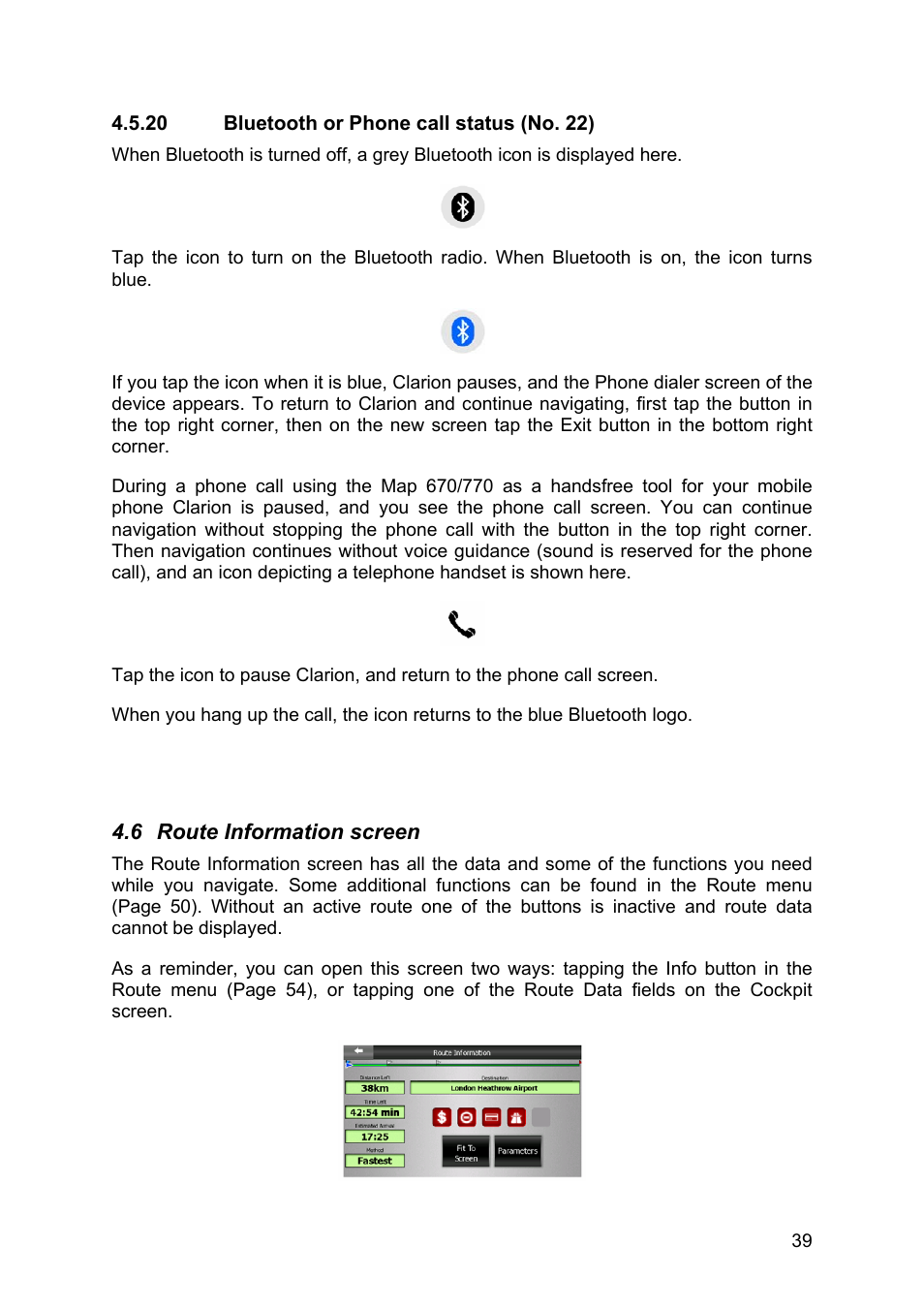 Bluetooth or phone call status (no. 22), Route information screen | Clarion MAP670 User Manual | Page 39 / 94