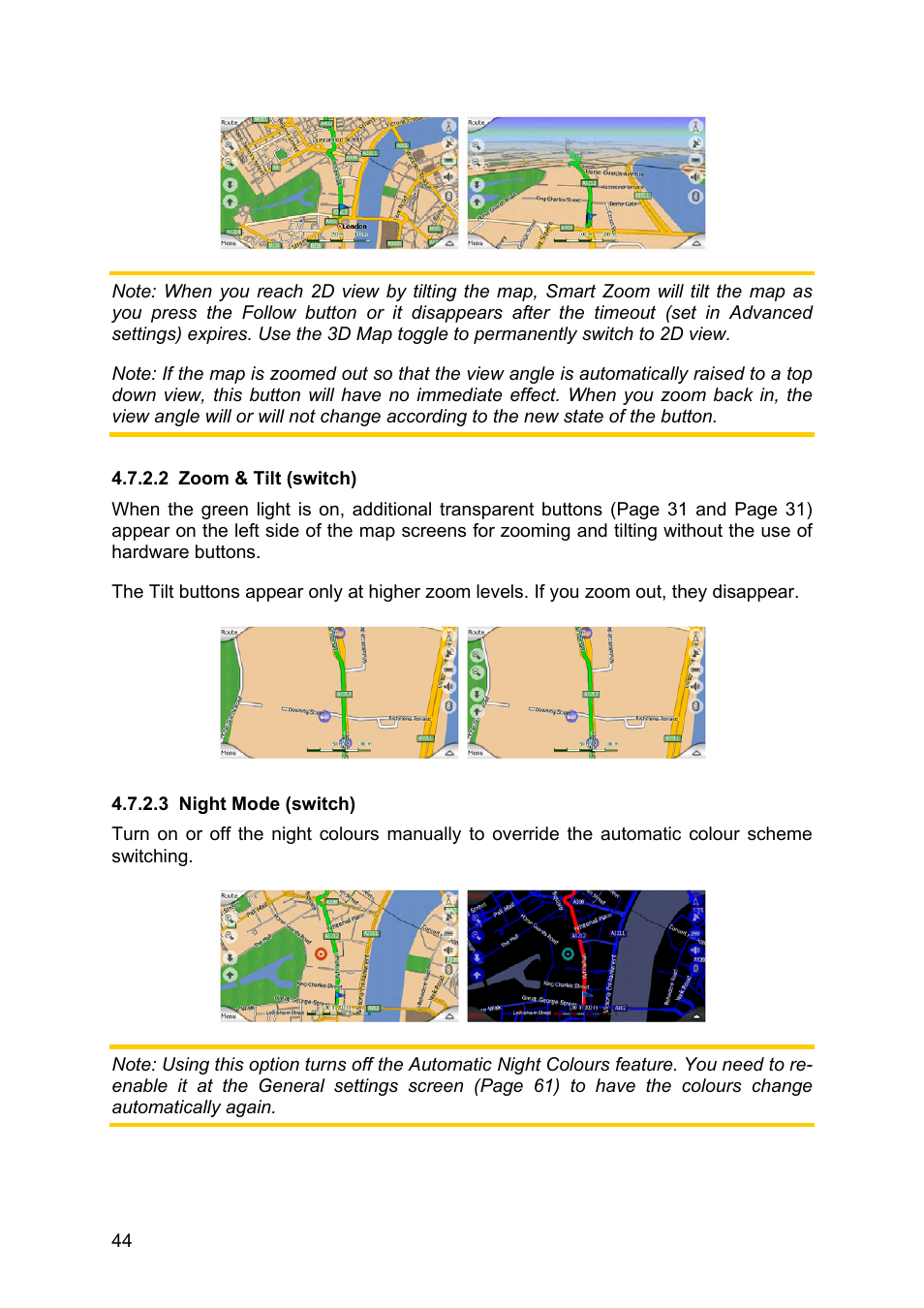 Zoom & tilt (switch), Night mode (switch), Clarion do it automatically | Or let | Clarion MAP670 User Manual | Page 44 / 94