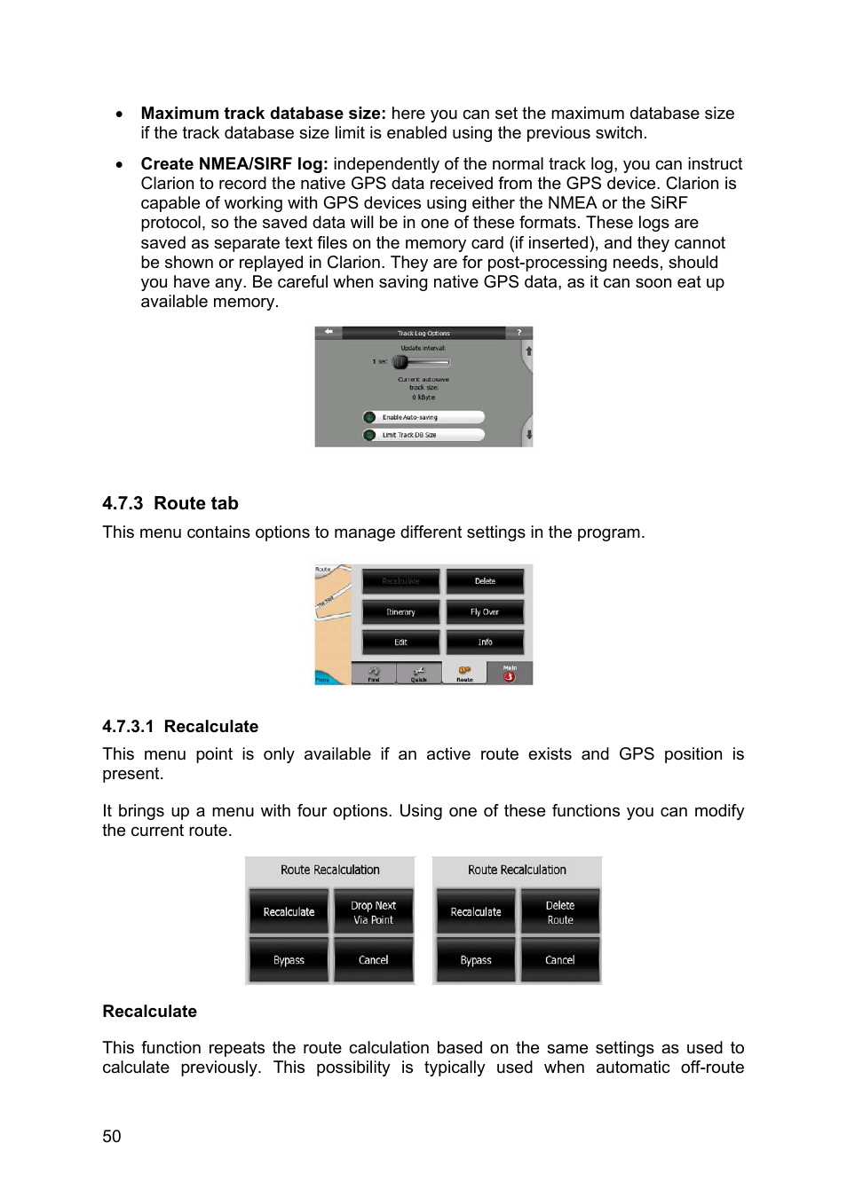 Route tab, Recalculate | Clarion MAP670 User Manual | Page 50 / 94