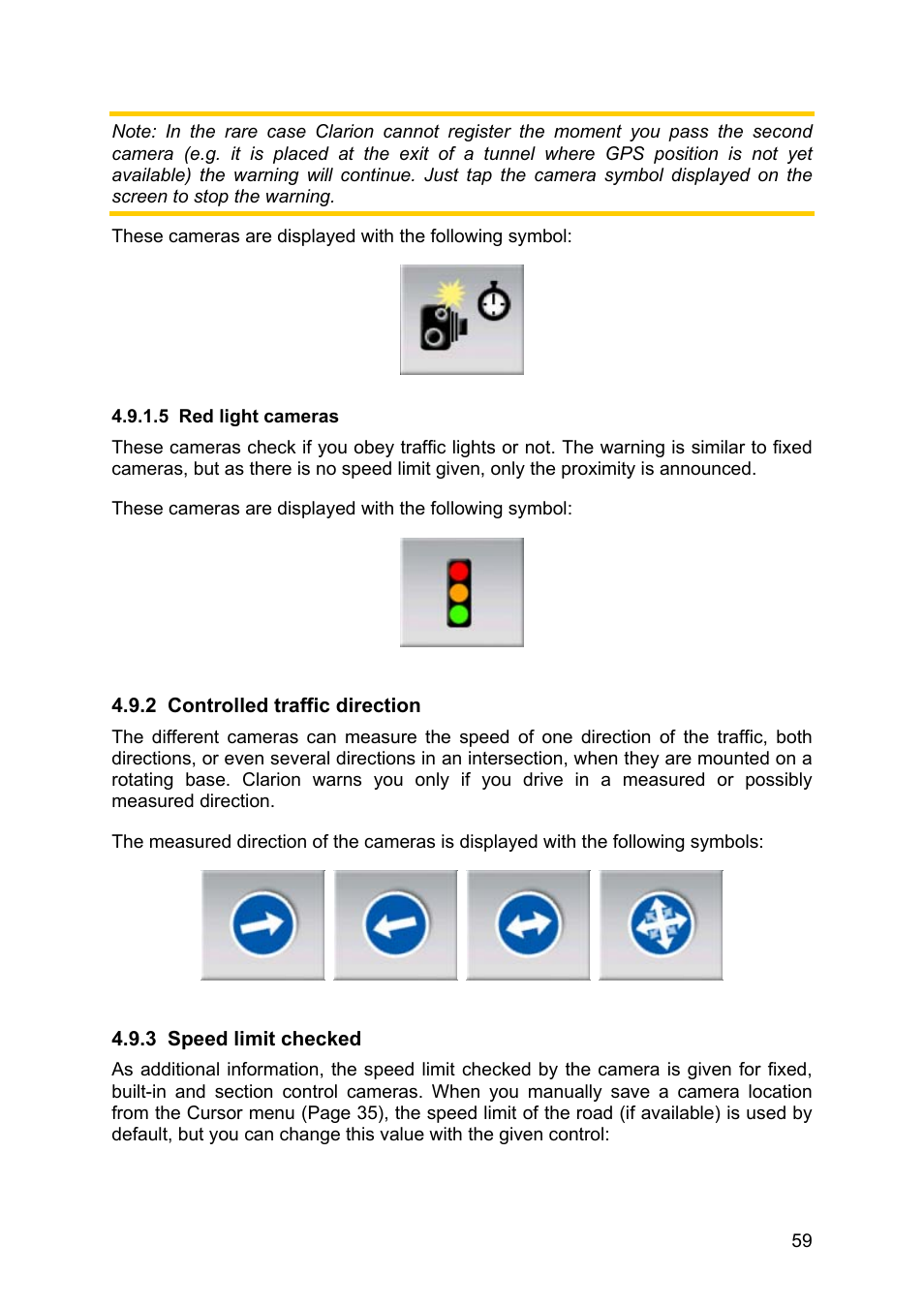 Red light cameras, Controlled traffic direction, Speed limit checked | Clarion MAP670 User Manual | Page 59 / 94