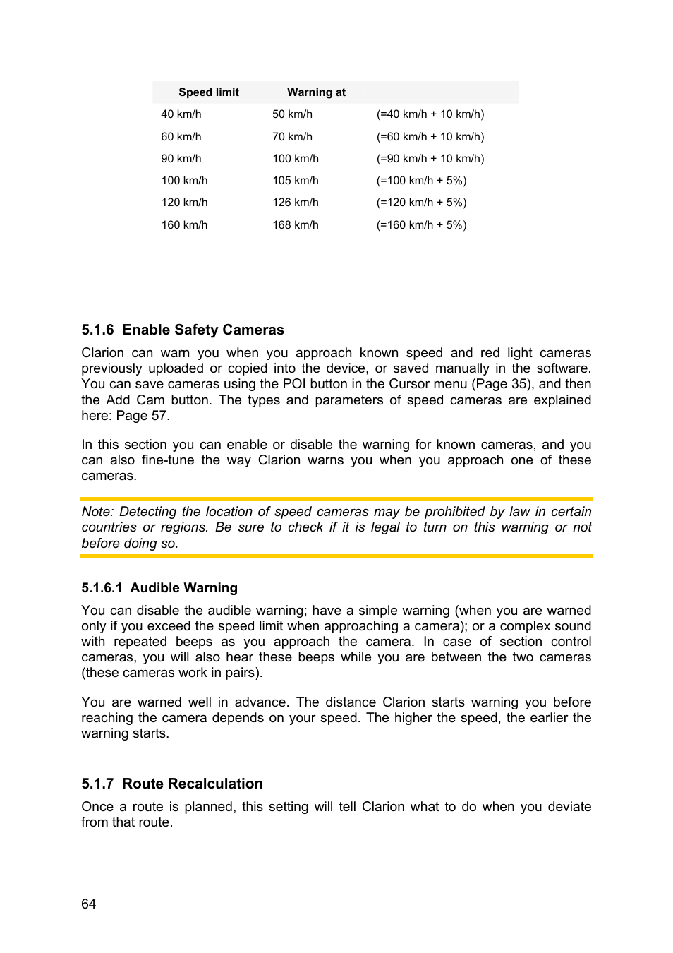 Enable safety cameras, Audible warning, Route recalculation | Clarion MAP670 User Manual | Page 64 / 94