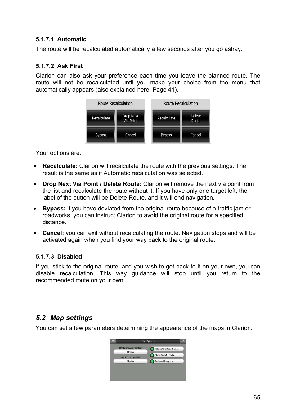 Automatic, Ask first, Disabled | Map settings | Clarion MAP670 User Manual | Page 65 / 94