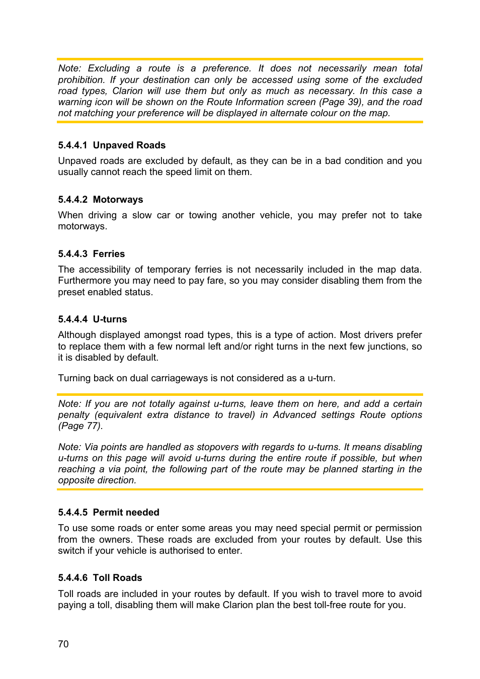 Unpaved roads, Motorways, Ferries | U-turns, Permit needed, Toll roads | Clarion MAP670 User Manual | Page 70 / 94