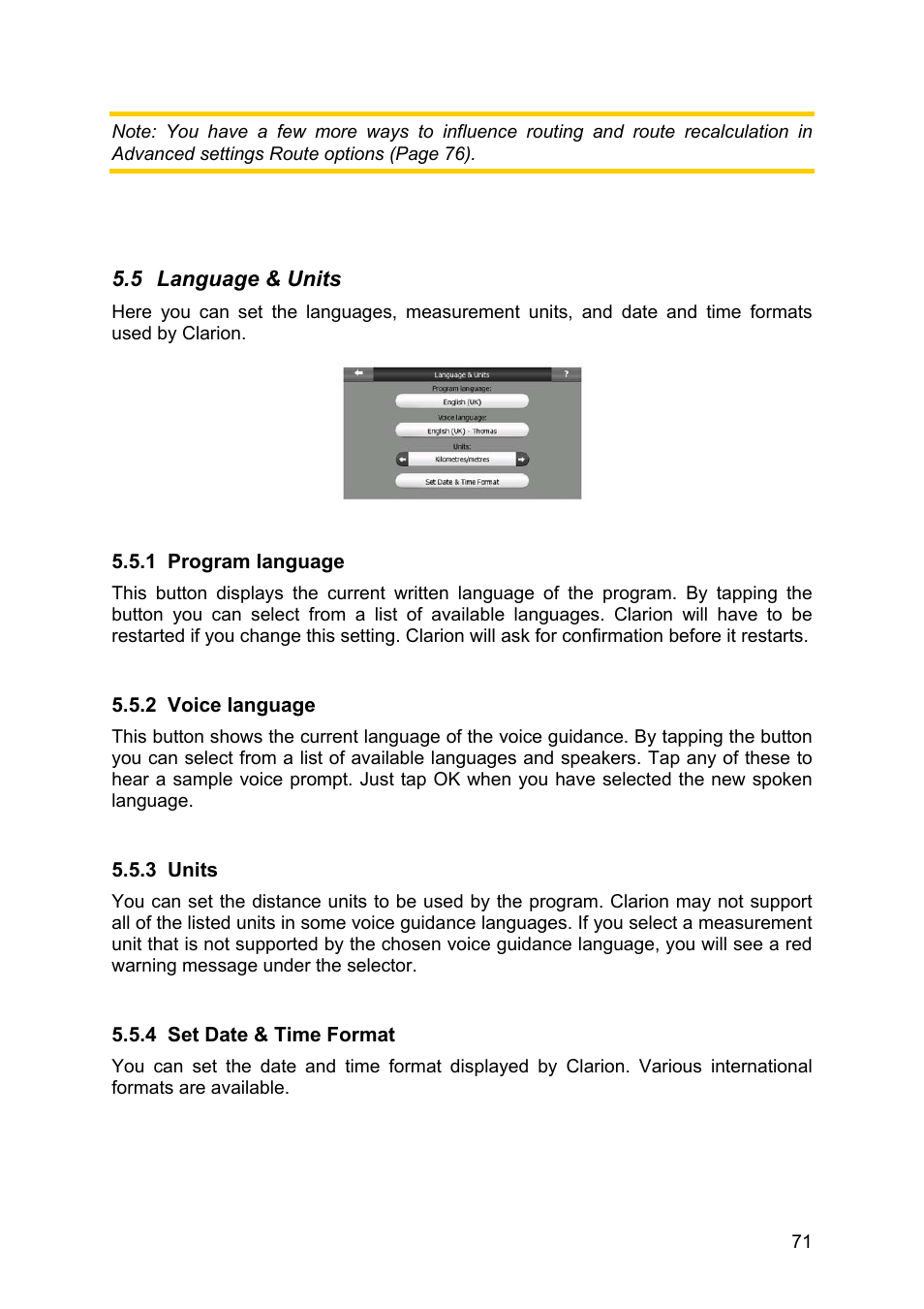 Language & units, Program language, Voice language | Units, Set date & time format | Clarion MAP670 User Manual | Page 71 / 94