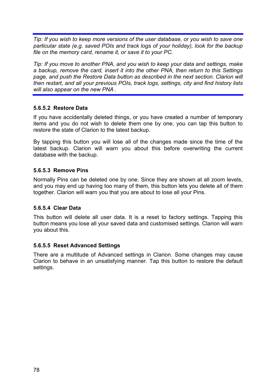 Restore data, Remove pins, Clear data | Reset advanced settings | Clarion MAP670 User Manual | Page 78 / 94