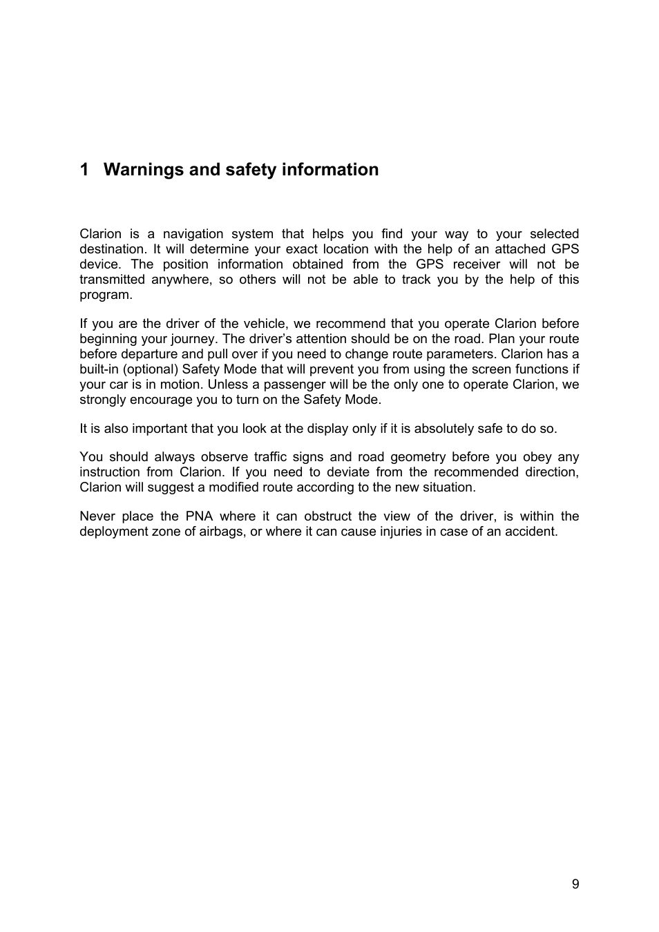 Warnings and safety information, 1 warnings and safety information | Clarion MAP670 User Manual | Page 9 / 94