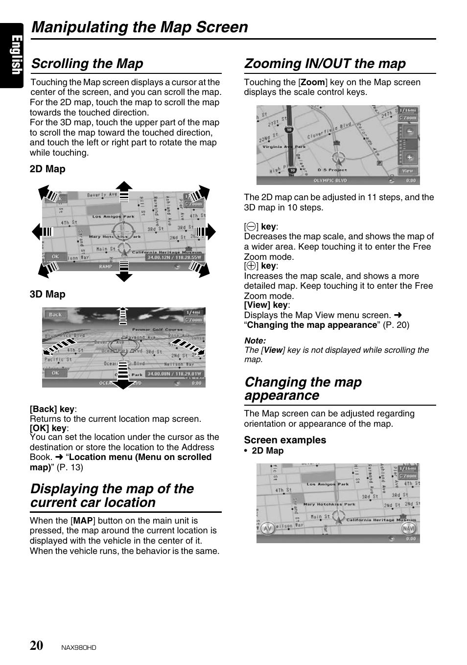 Manipulating the map screen, English, Scrolling the map | Displaying the map of the current car location, Zooming in/out the map, Changing the map appearance | Clarion NAX980HD User Manual | Page 19 / 59