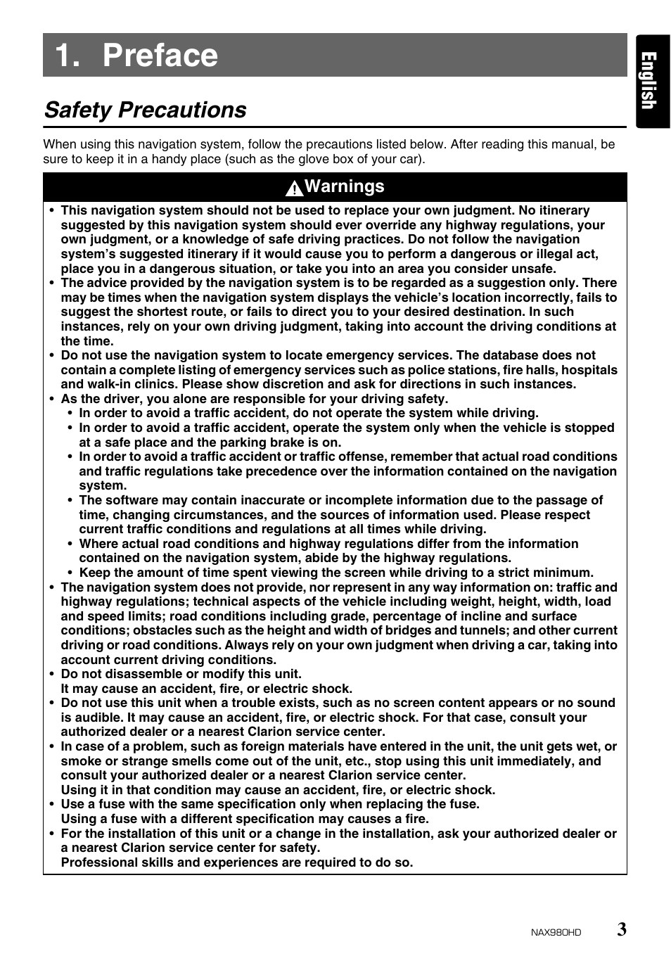 Preface, Safety precautions, English | Warnings | Clarion NAX980HD User Manual | Page 2 / 59