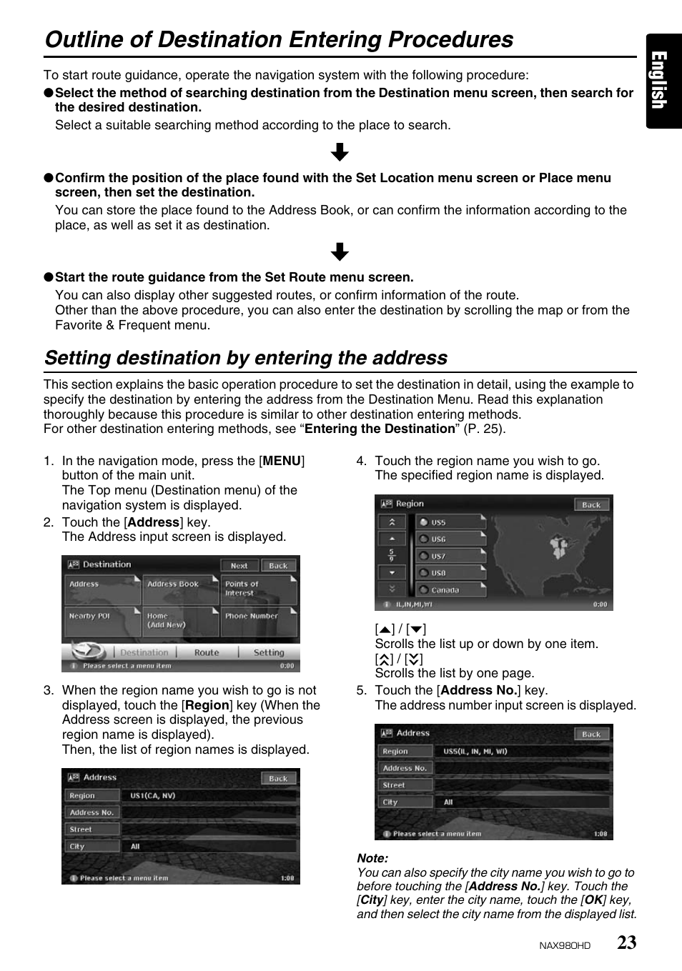 Outline of destination entering procedures, English, Setting destination by entering the address | Clarion NAX980HD User Manual | Page 22 / 59