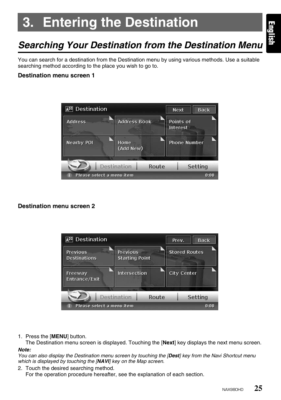 Entering the destination, English | Clarion NAX980HD User Manual | Page 24 / 59