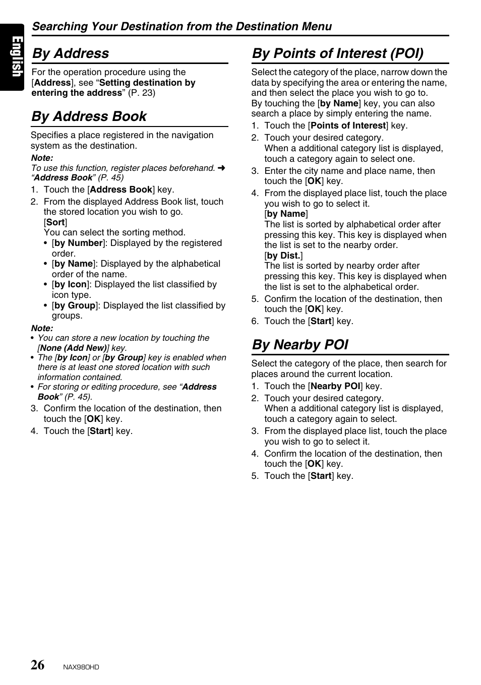 English by address, By address book, By points of interest (poi) | By nearby poi | Clarion NAX980HD User Manual | Page 25 / 59