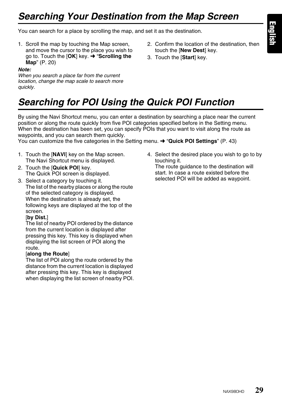 Searching your destination from the map screen, Searching for poi using the quick poi function, English | Clarion NAX980HD User Manual | Page 28 / 59