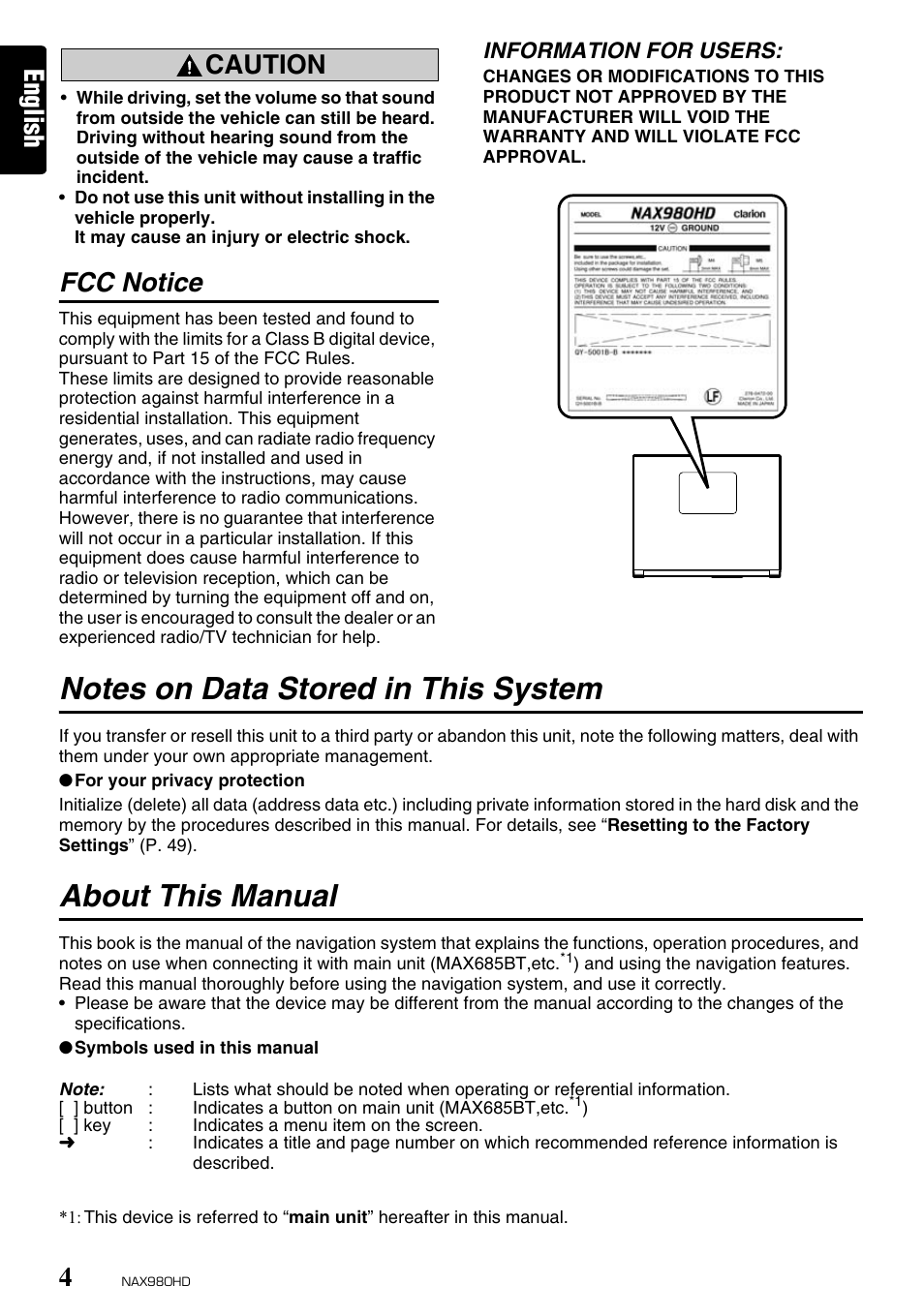 About this manual, English caution, Fcc notice | Clarion NAX980HD User Manual | Page 3 / 59