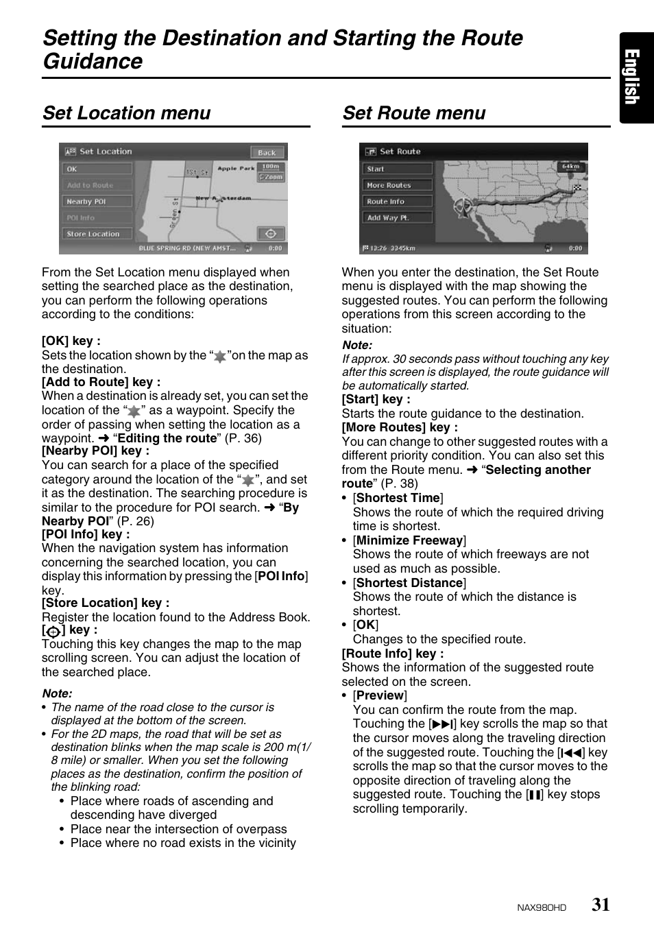 English, Set location menu, Set route menu | Clarion NAX980HD User Manual | Page 30 / 59