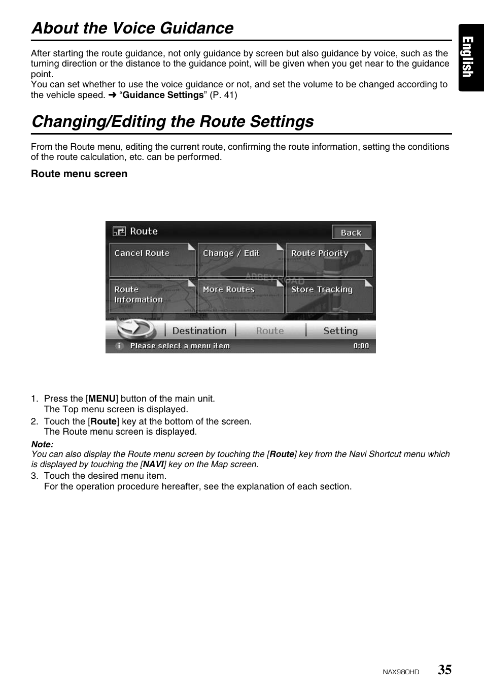 About the voice guidance, Changing/editing the route settings, English | Clarion NAX980HD User Manual | Page 34 / 59