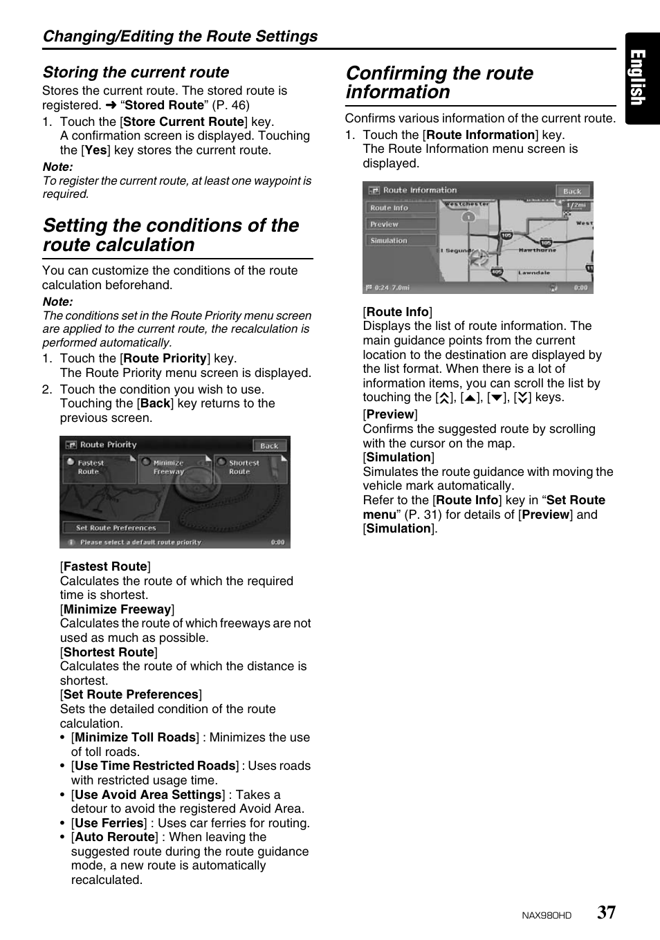 English, Setting the conditions of the route calculation, Confirming the route information | Clarion NAX980HD User Manual | Page 36 / 59