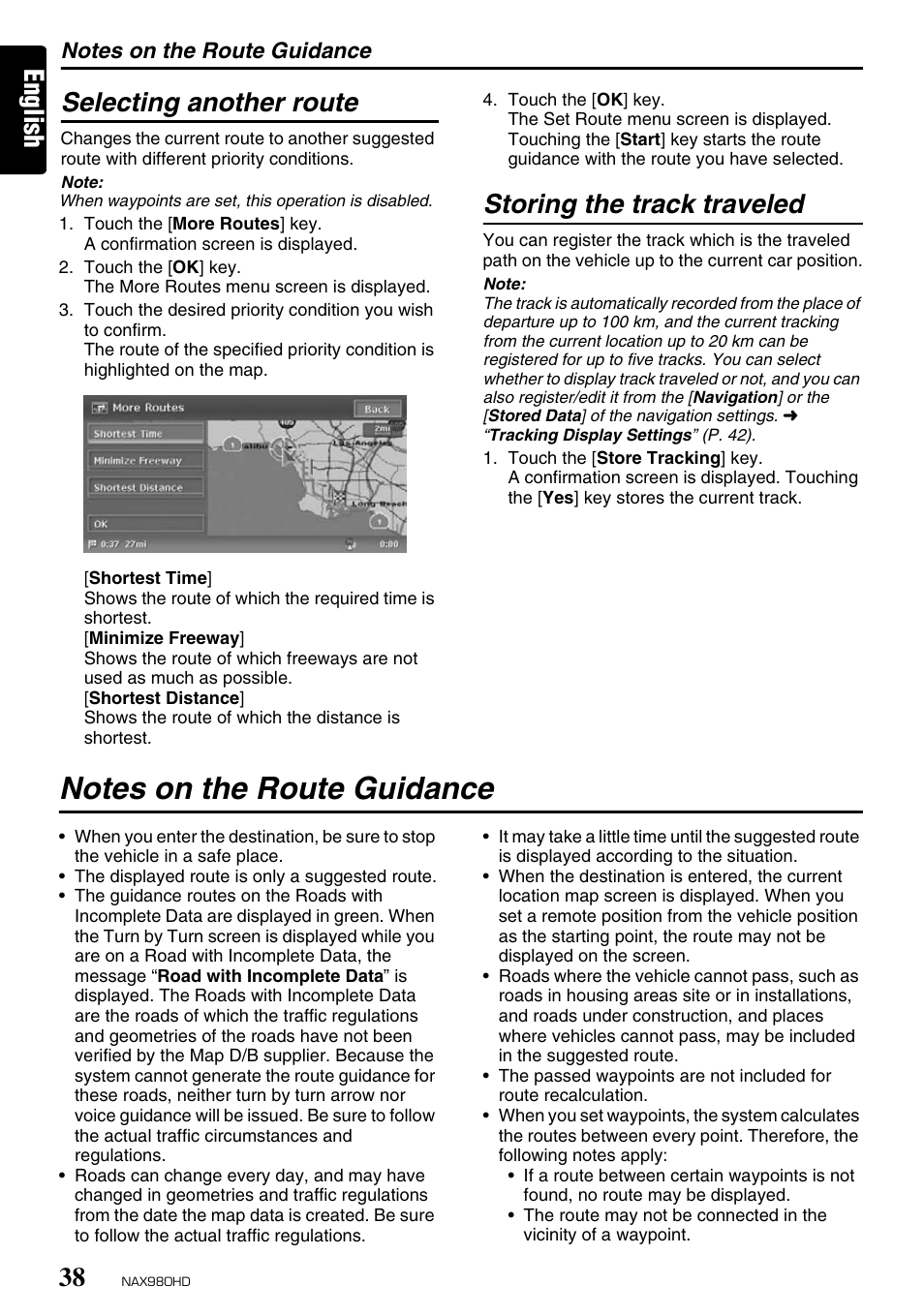 English selecting another route, Storing the track traveled | Clarion NAX980HD User Manual | Page 37 / 59