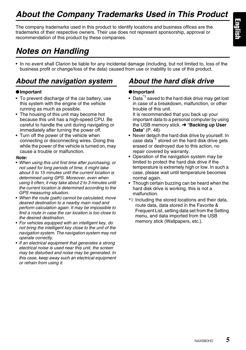 About the company trademarks used in this product, English, About the navigation system | About the hard disk drive | Clarion NAX980HD User Manual | Page 4 / 59