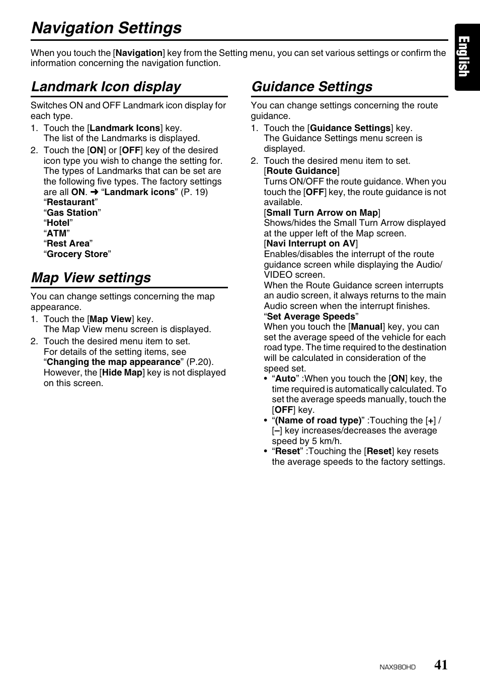 Navigation settings, English, Landmark icon display | Map view settings, Guidance settings | Clarion NAX980HD User Manual | Page 40 / 59