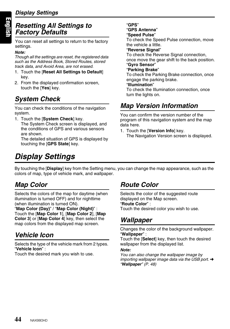 Display settings, English resetting all settings to factory defaults, System check | Map version information, Map color, Vehicle icon, Route color, Wallpaper | Clarion NAX980HD User Manual | Page 43 / 59