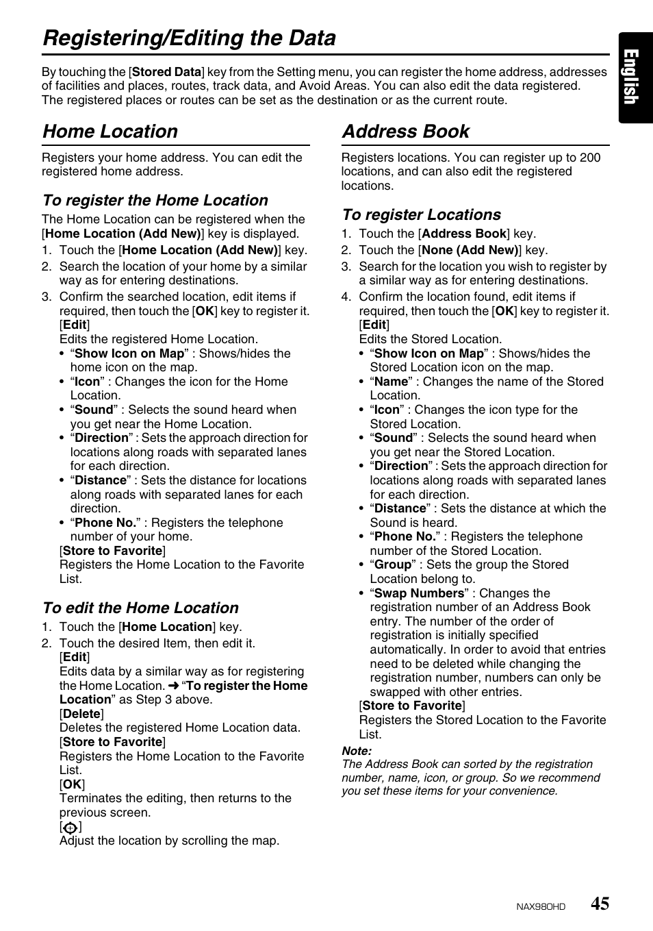 Registering/editing the data, English, Home location | Address book | Clarion NAX980HD User Manual | Page 44 / 59