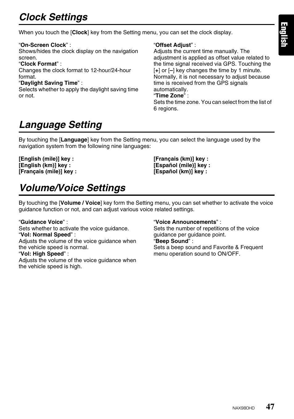 Clock settings, Language setting, Volume/voice settings | English | Clarion NAX980HD User Manual | Page 46 / 59