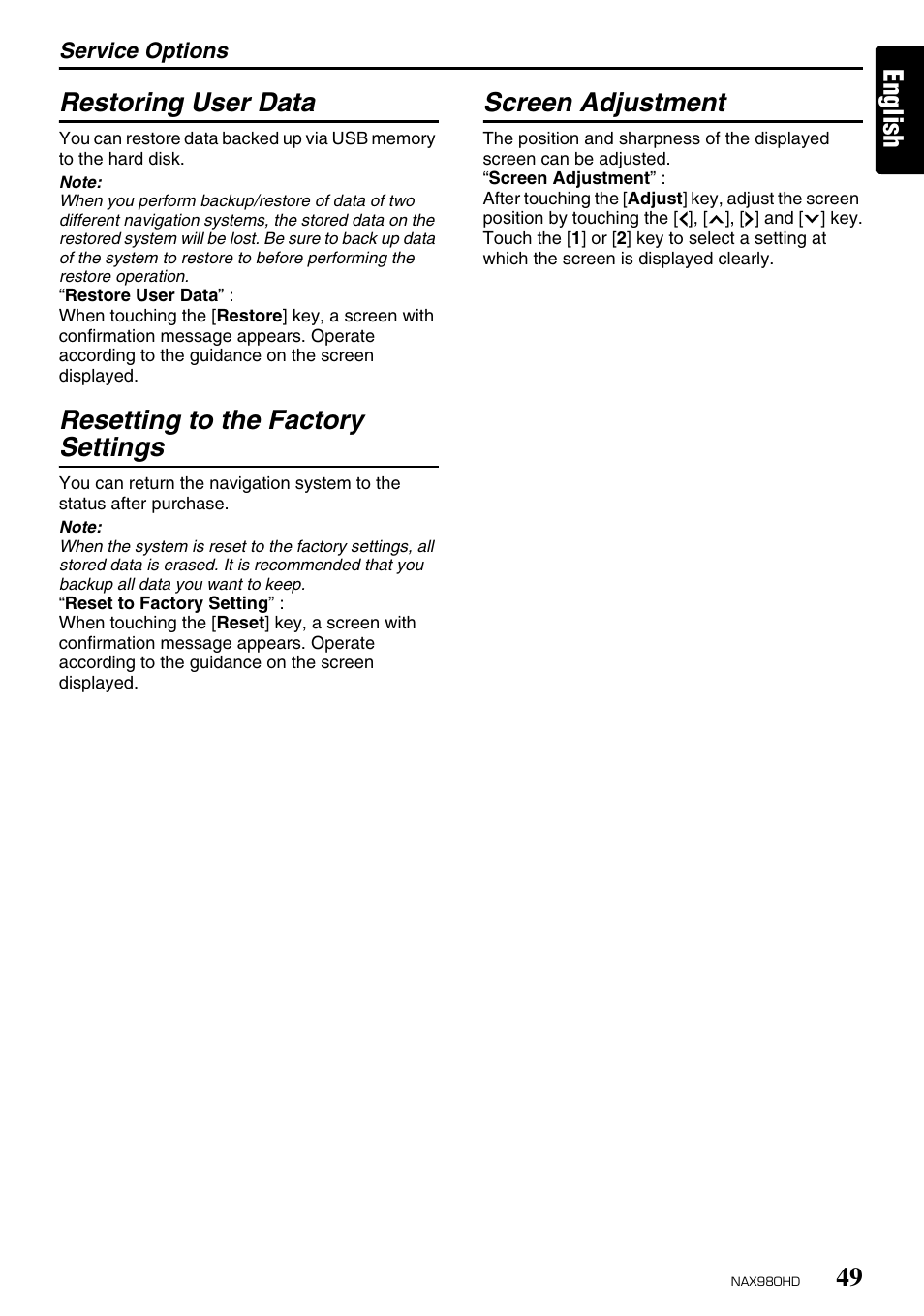 English restoring user data, Resetting to the factory settings, Screen adjustment | Clarion NAX980HD User Manual | Page 48 / 59